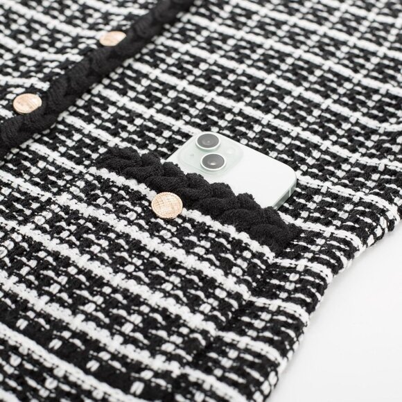 Women Cardigan Sweaters Tweed Pattern Jacket V Neck Sweater Blazer with Button - Picture 6 of 7